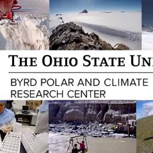 Montage of photos in the background of cliffs, mountains, snow, and words The Ohio State University Byrd Polar and Climate Research Center