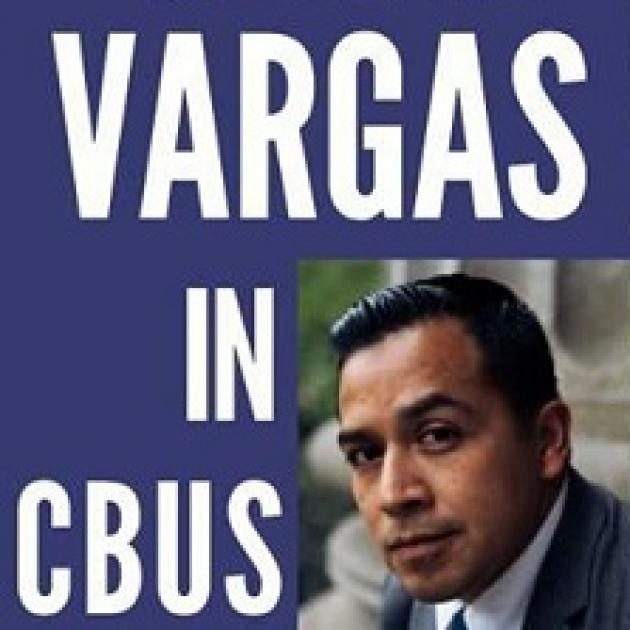 Blue background with words Vargas in Cbus in white and a photo headshot of a Latino looking man with black hair and a suit on