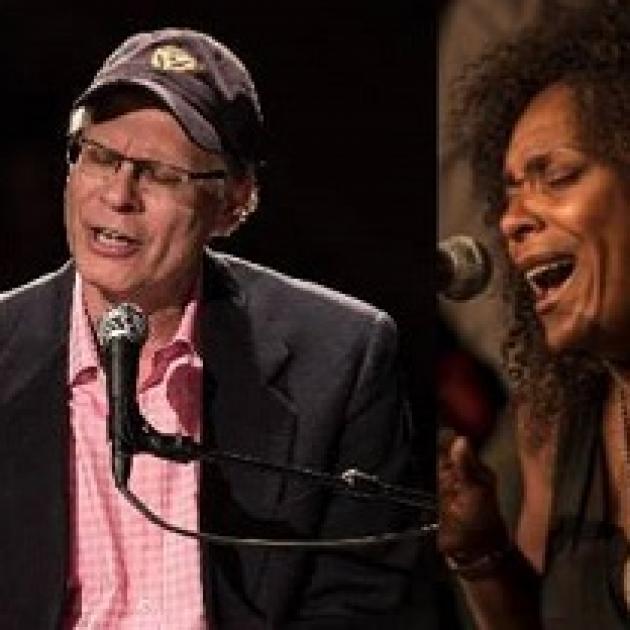 Two photos side by side one of a man in a hat singing at a mic and the other of a woman singing at a mic