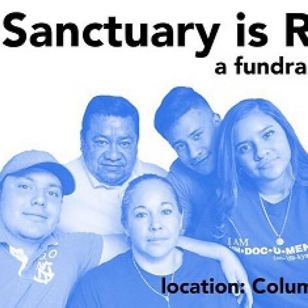 Blue and white photo with a family, two young boys, a young woman, a husband and a woman all with Latino look to them with word Sanctuary at top