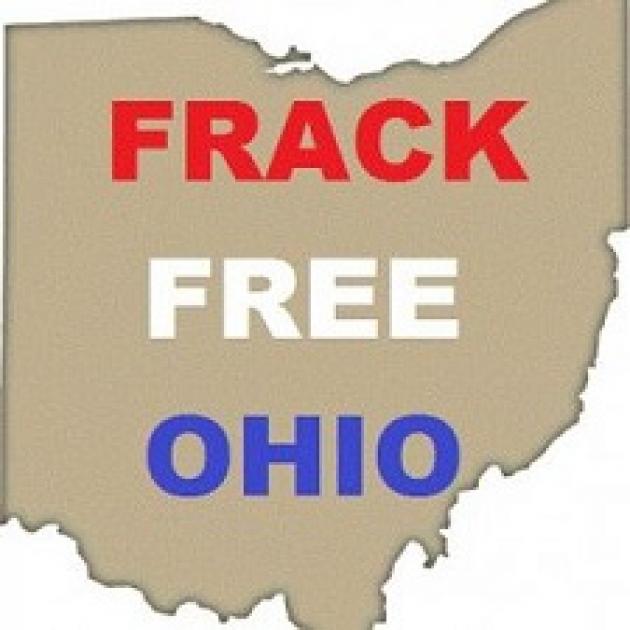 A beige background shaped like the state of Ohio and the words Frack Free Ohio in Red white and blue