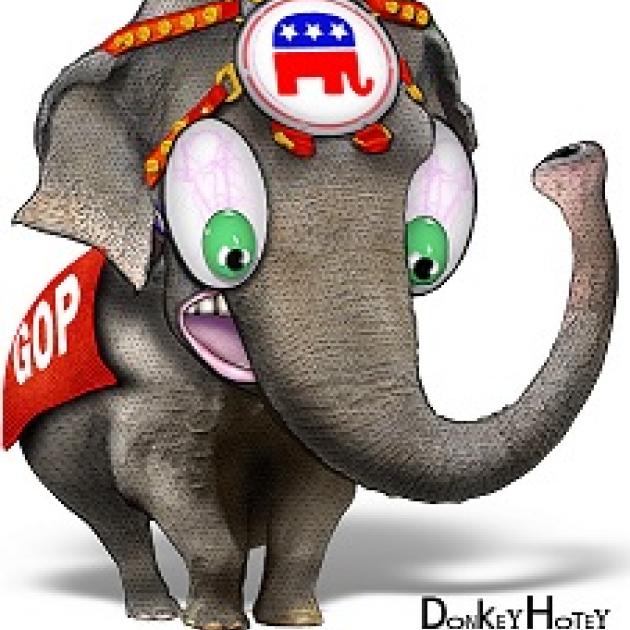 Cartoon of an elephant with a GOP banner on his side looking wide eyed and upset