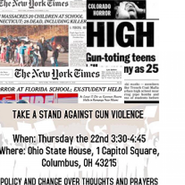 Two clips out of newspapers one with a photo of lots of kids running away from the school where the shooter was, the other talking about gun-toting teens and all the words about this event