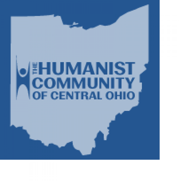 Blue silhouette of the state of Ohio with words Humanist Community of Central Ohio and a drawing of a person