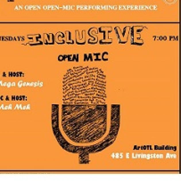 Drawing of a microphone against an orange background and words describing the event
