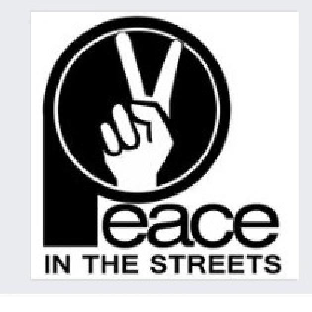 Black circle with white hand making peace sign with words Peace in the Streets