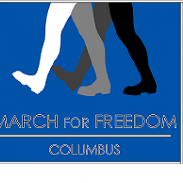 Blue background with three legs walking at top, one white, one gray and one black and the words below March for Freedom Columbus