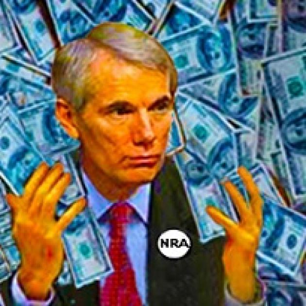 White man with gray hair and a suit with an NRA button on with dollars all around him