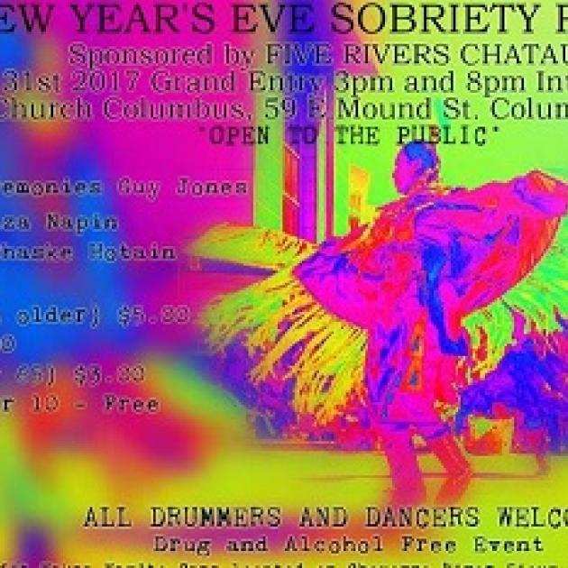 Psychedelic bright hot pink, yellow and blue swirly colors and a Native man dancing with word New Year's Eve Sobriety Pow Wow