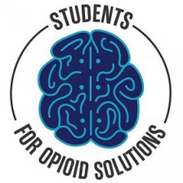 Circle with words Students for Opioid Solutions and a blue cartoon of a brain in the middle