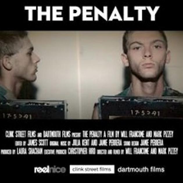 Black background with white words The Penalty and a mug shot of a white man front and side view, short hair, not looking happy