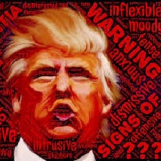 Cartoonish face of Trump with orange skin and pursed lips next to words Warning anxious dismissive inflexible and more
