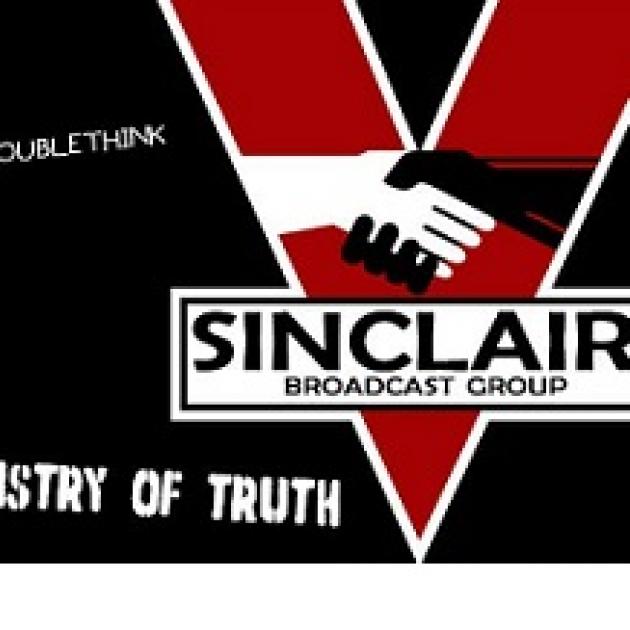 Black background with Red V and a black and white hand shaking with words Sinclair Broadcast Group