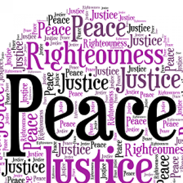 The word Peace surrounded by lots of other words Righteousness, Justice