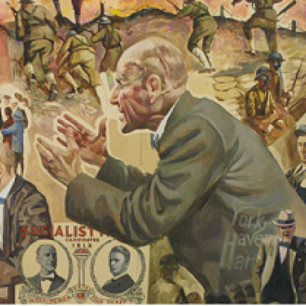 Painting of thin white bald man in a gray suit from a side view as he gestures and gives a speech