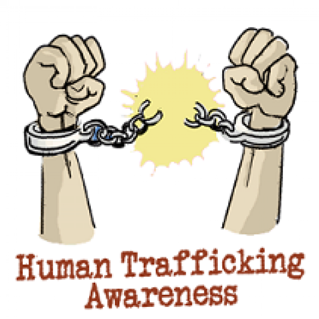 A drawing of two arms up in the air with fists where there are handcuffs being broken in two, a yellow burst of color where the handcuffs broke, and the words in red below, Human Trafficking Awareness