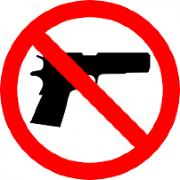 Black silhouette drawing of a gun with a red circle around it with a line through it signifying "no"