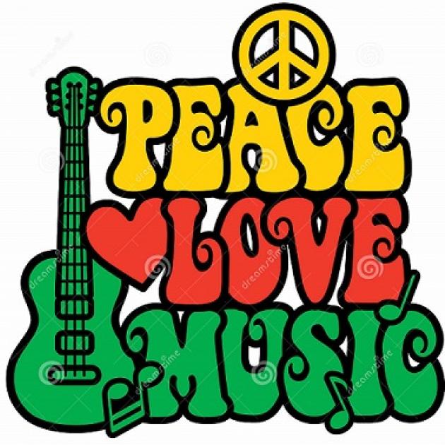 A peace sign anad guitar with the words Peace Love Music and a heart