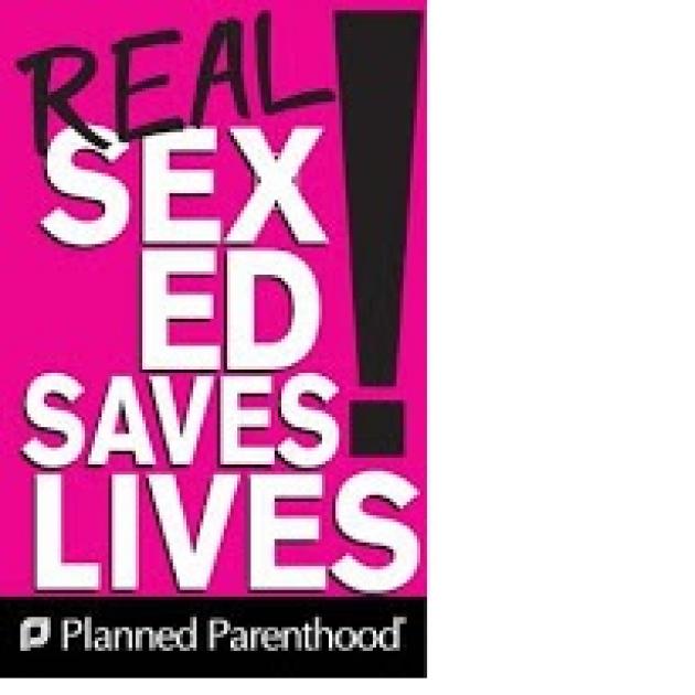 Bright pink background and words saying Real Sex Ed saves lives with a big exclamation point and the words Planned Parenthood