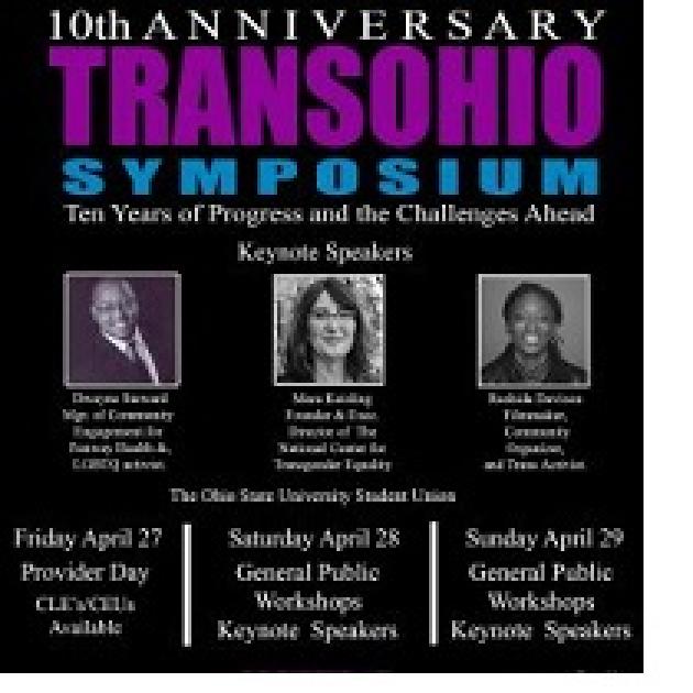 Poster that says 10th Anniversary Transgender Symposium with pictures of three people and words describing the event