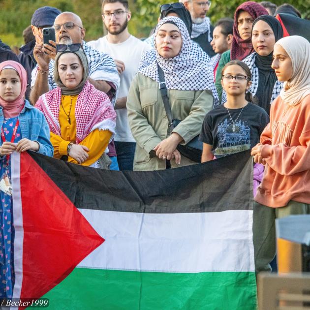 Group of people with a Palestinian flag