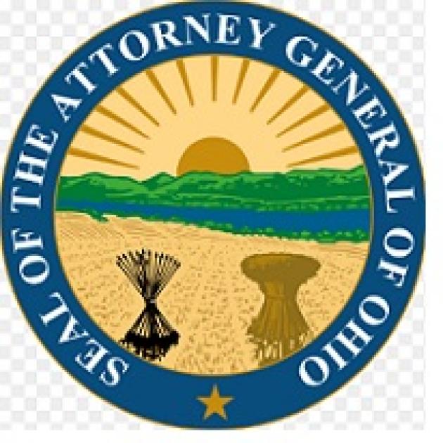 Round circle logo with thick blue outline  and words Seal of the Attorney General of Ohio and inside a sun, hill, river, corn bushel