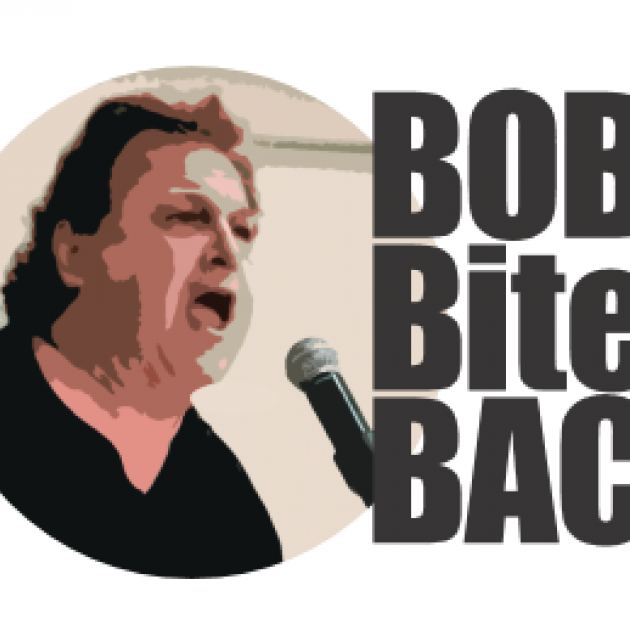 Head and shoulders image of man with black curly hair with his mouth open next to the words Bob Bites Back