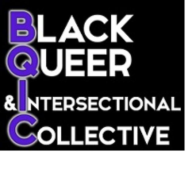 Blackbackground and words black queer & intersectional Collective with first letter of each word in Purple and the rest in white