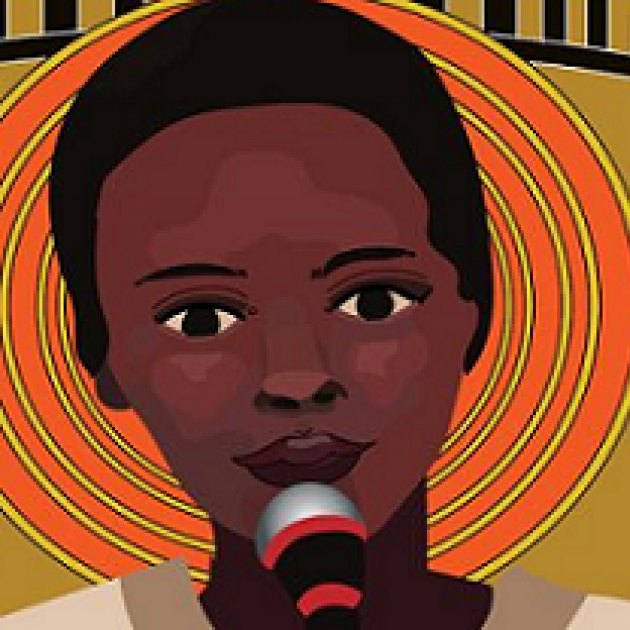 Drawing of black woman's head talking into a mic