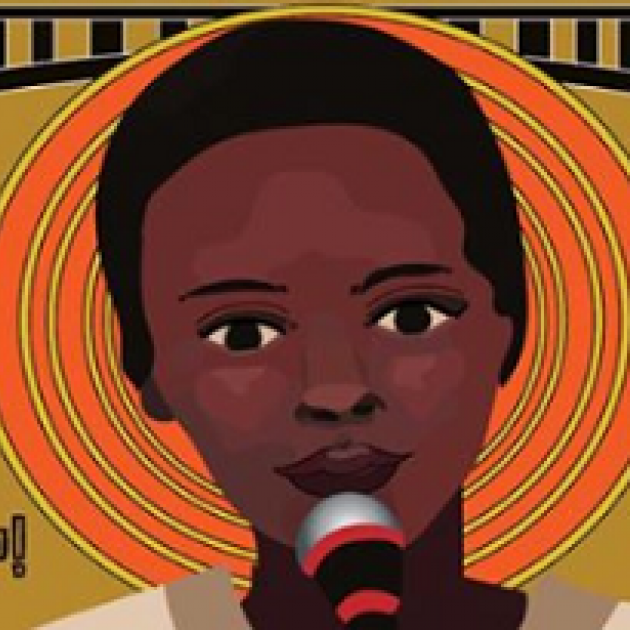 Drawing of black woman's face at a mic