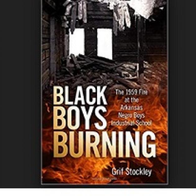 A wrecked up burning building book cover with words Black Boys Burning