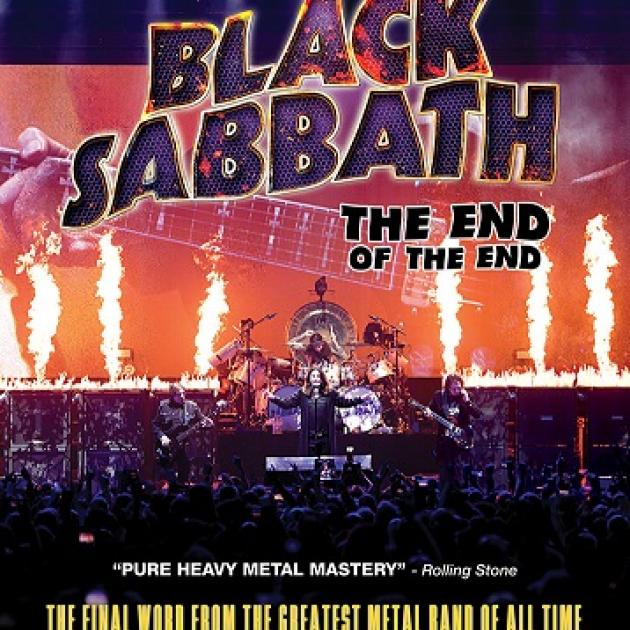 Movie poster with words Black Sabbath the end of the end and them playing in their band on stage in front of a crowd