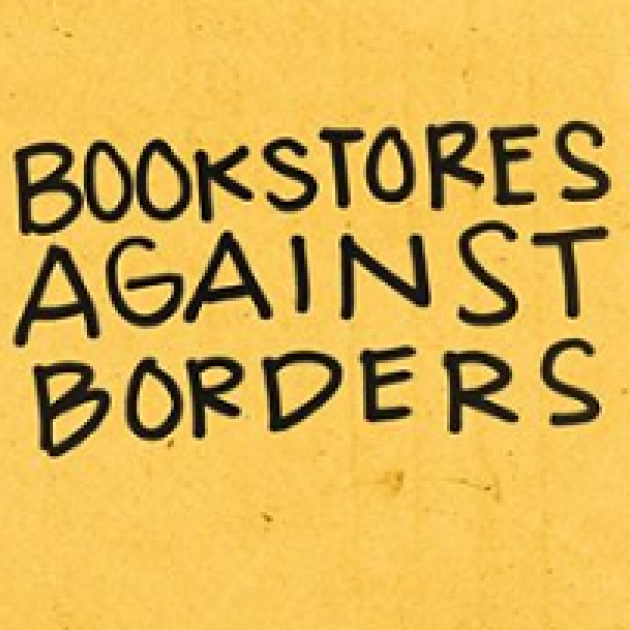 Yellow background and handwriting script saying Bookstores Against Borders