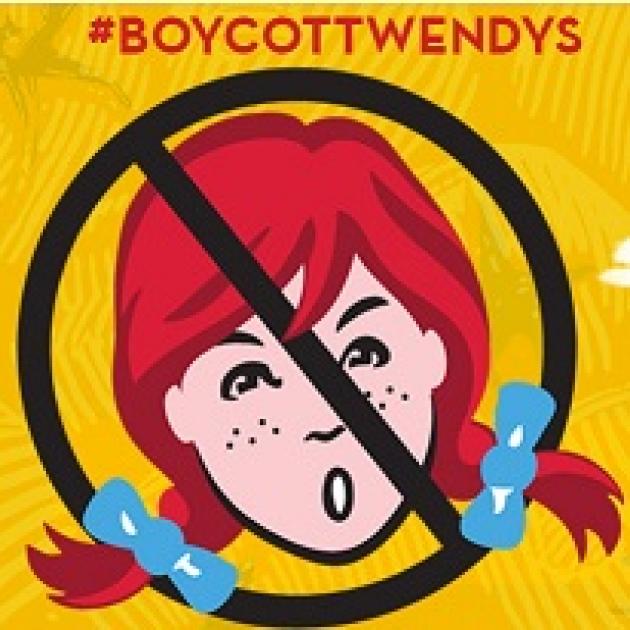 Cartoon of red-haired girl Wendy character inside a circle with a line through it, the No sign, and #Boycott Wendy's above 