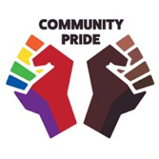 Drawings of two fists, one rainbow and the other brown and words Community Pride at top