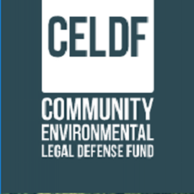CELDF and words Community Environmental Legal Defense Fund in white letters on blue background