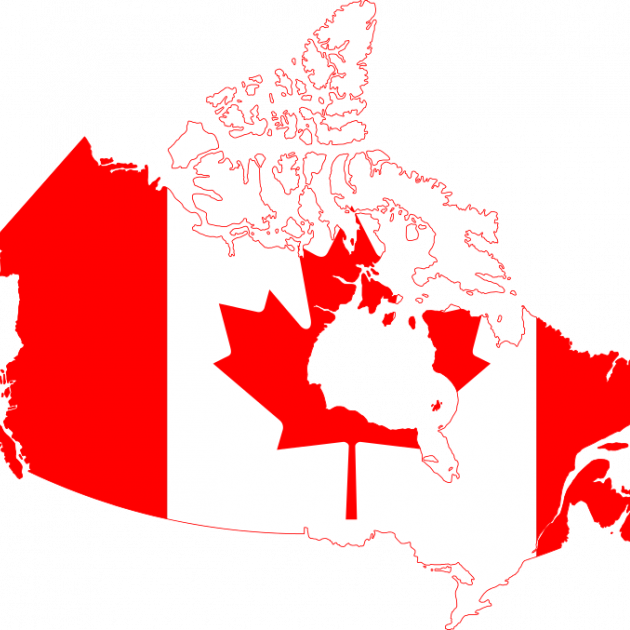 Map of Canada with red and white image of flag on the map