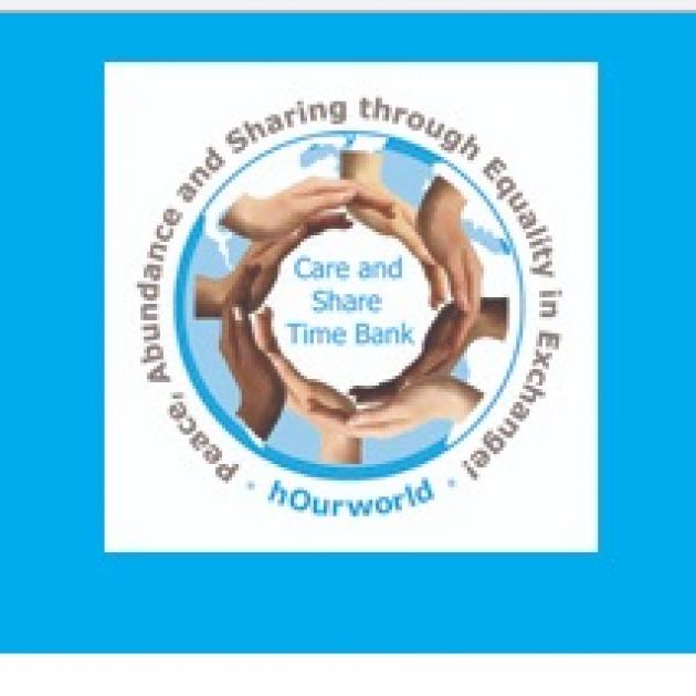 Different colored hands in a circle around the words Care and Share timebank with a blue background