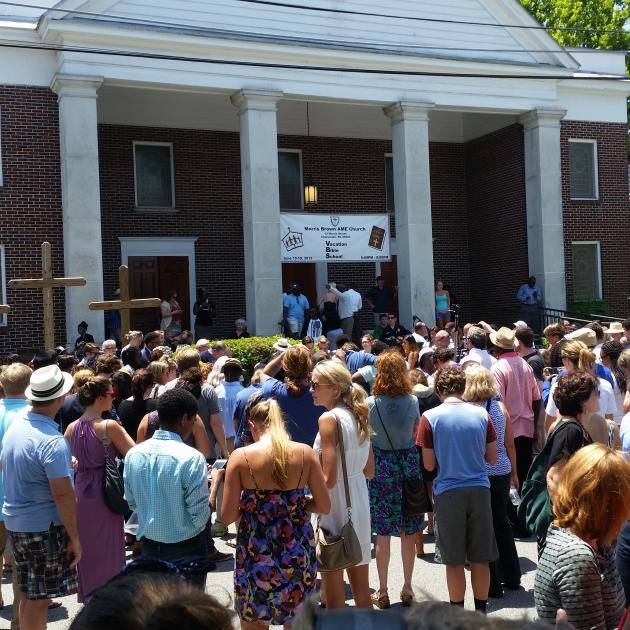 People gatheted at church for memorial in Charleston