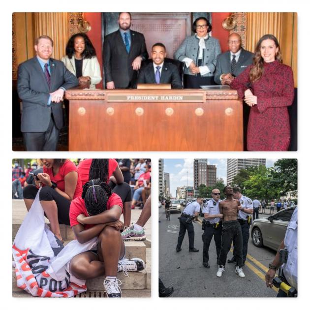 Collage of photos, City Council, a BLM protest and Activist kneeling