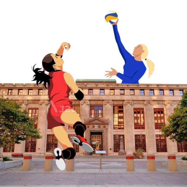 Two women playing volleyball on either side of City Hall