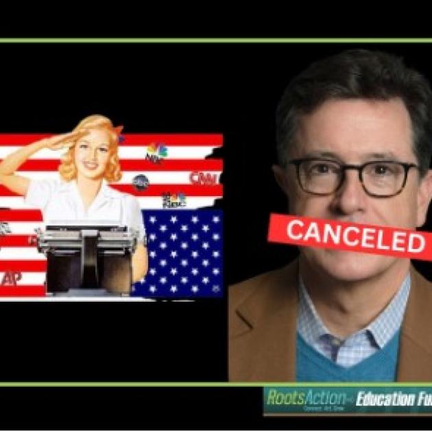 Colbert with CANCELED over his mouth