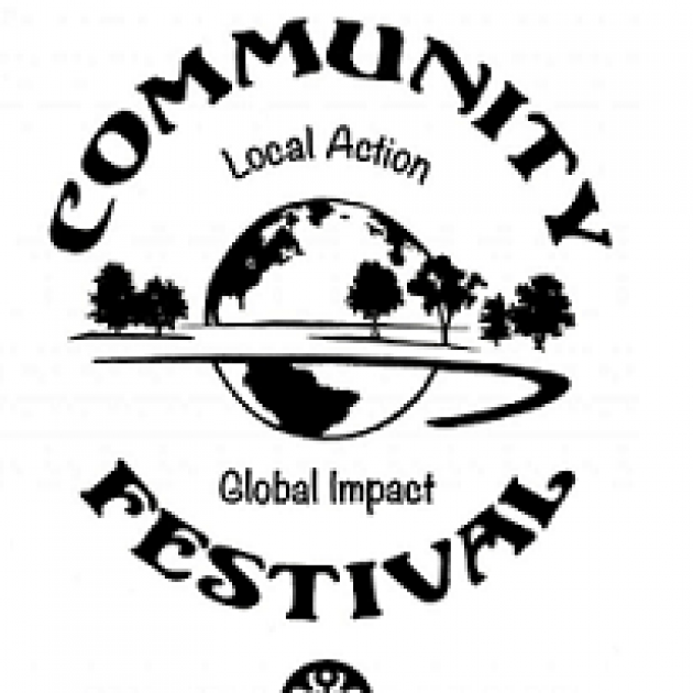 Words Community Festival and Local Action Global Impact in circles around a world and some trees