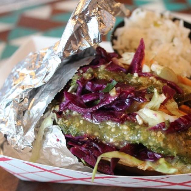 Vegan Tacos, Hominy Thai Tofu, taco with jicama cabbage slaw, red cabbage and salsa verde with a side of cilantro lime rice.