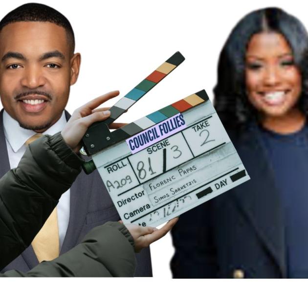 Shannon Hardin and Tiara Ross with movie clapboard