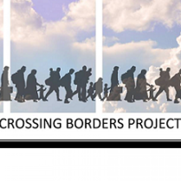 Clouds in background, silhouettes of people all traveling right and words Crossing Borders Project