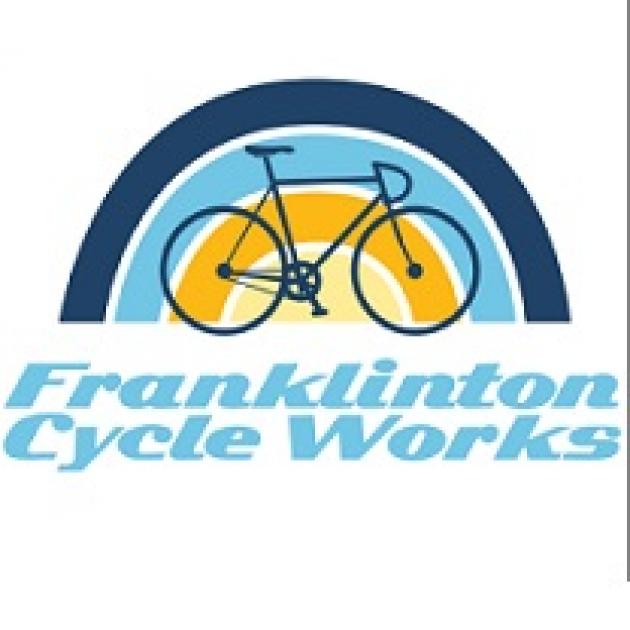 A drawing of a bike in front of a rainbow of blue colors and gold and the words Franklinton Cycleworks