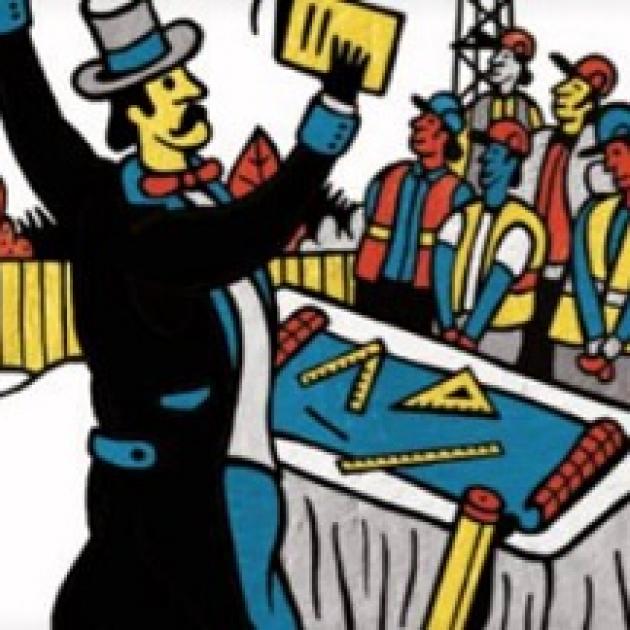 Colorful drawing of a man in hat with a long moustache holding a book in the air in front of a bunch of construction workers