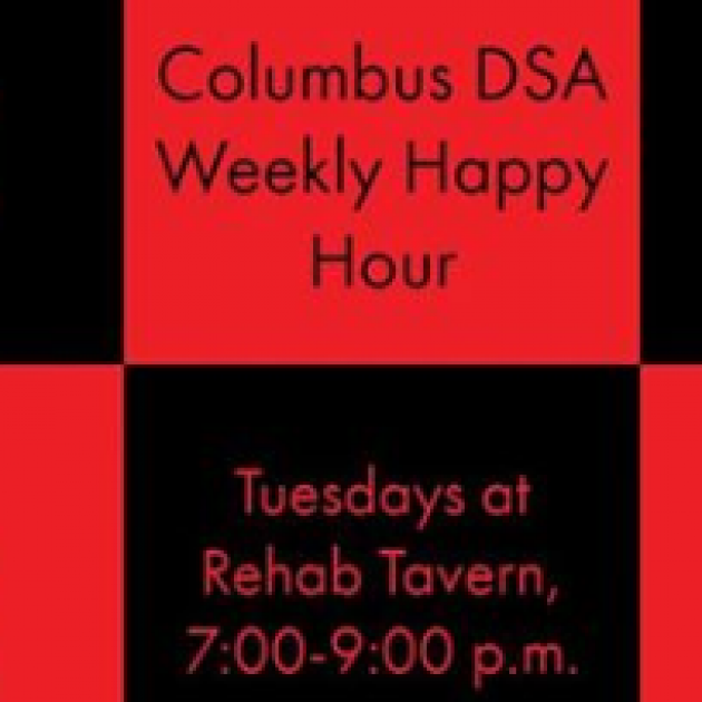 Red and black checkered background and words Columbus DSA Weekly Happy Hour and the details
