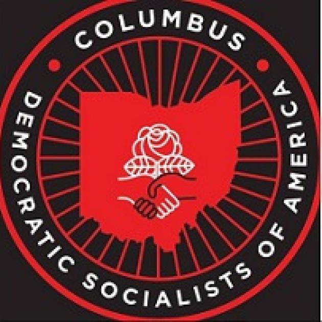 Black background red circle with map of Ohio inside and the rose with two hands shaking DSA logo inside, and the words Democratic Socialists of America Columbus